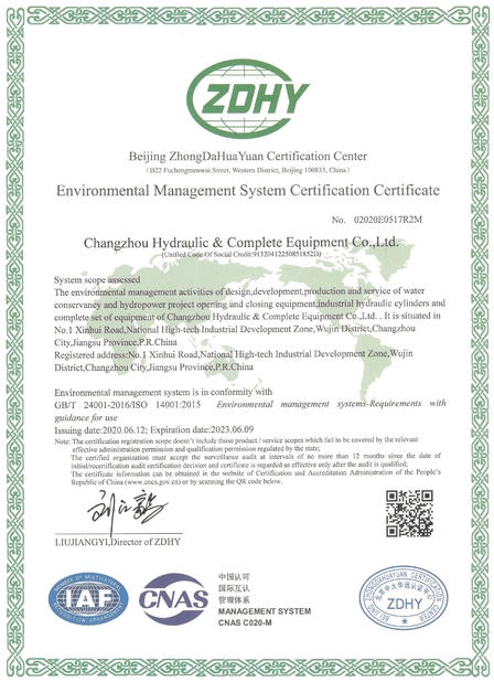 China CHANGZHOU HYDRAULIC COMPLETE EQUIPMENT CO.,LTD certificaciones
